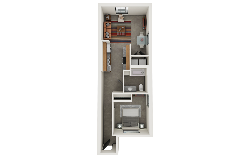 Apple - 1 bedroom floorplan layout with 1 bath and 648 square feet.