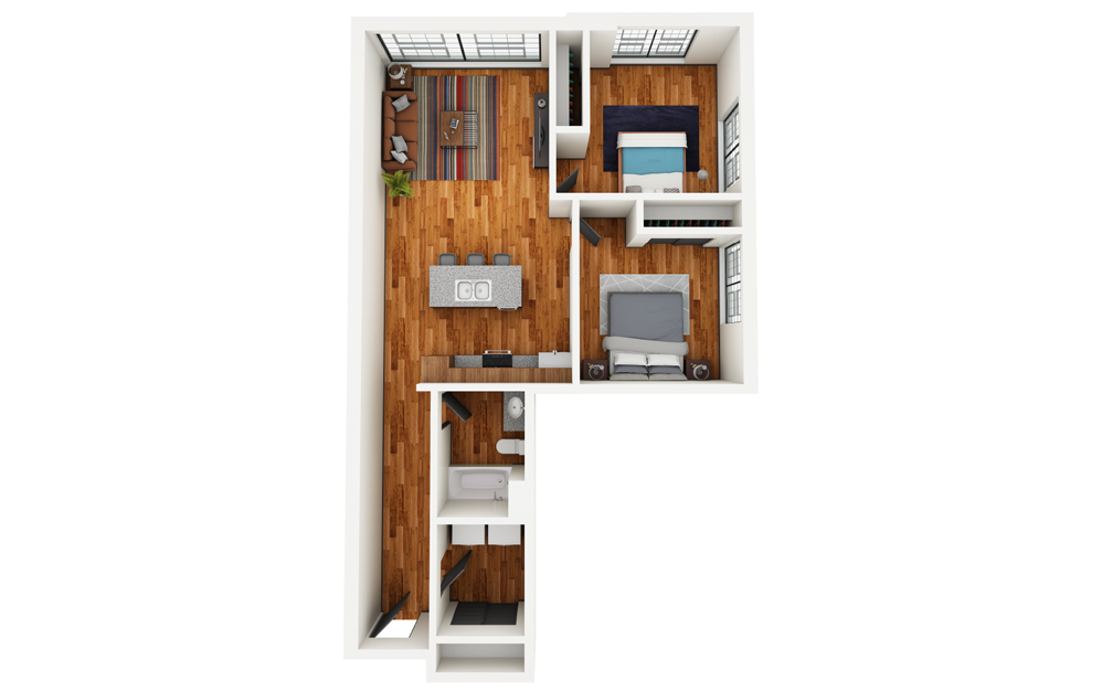 Rickman - 2 bedroom floorplan layout with 1 bath and 904 square feet.