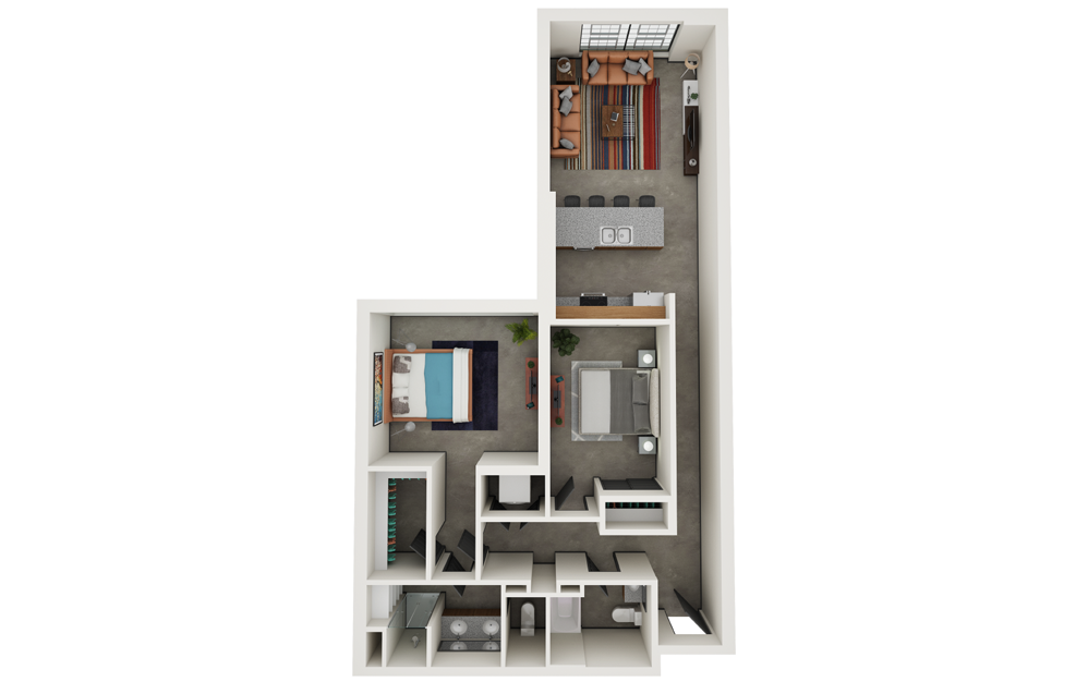 Russell - 2 bedroom floorplan layout with 2 baths and 1015 square feet.